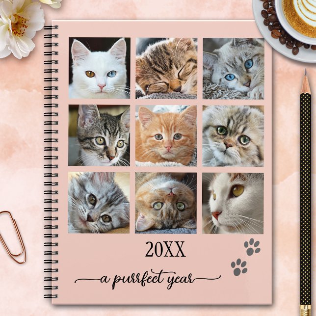 Your Photo Collage Cute Cat Planner (Planner featuring your custom (cat) photos framed by a simple pink design with cute paw prints)