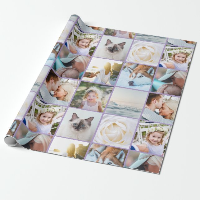 Your Photo Custom Grid Collage Lavender purple Wrapping Paper (Unrolled)