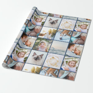 Your Photo Custom Grid Collage Navy Blue Wrapping Paper