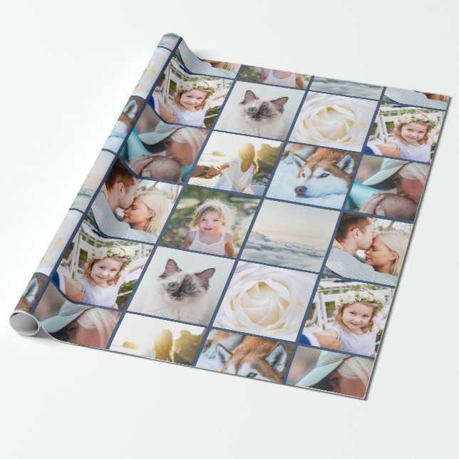 Your Photo Custom Grid Collage Navy Blue Wrapping Paper (Unrolled)