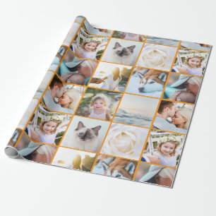Your Photo Custom Grid Collage Orange Wrapping Paper