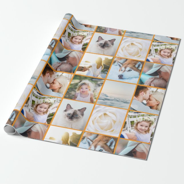 Your Photo Custom Grid Collage Orange Wrapping Paper (Unrolled)