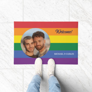 YOUR Photo & Custom Name(s) Rainbow Flag Doormat
