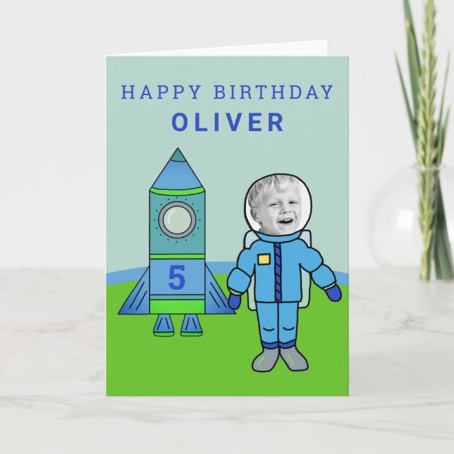 Your Photo Cute Astronaut Boy Rocket Birthday Card (Front)