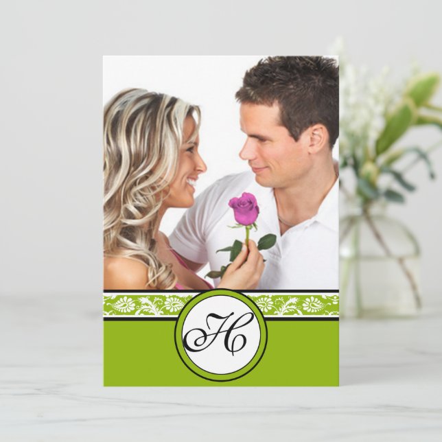 Your Photo Damask Apple Green Wedding Invitation (Standing Front)