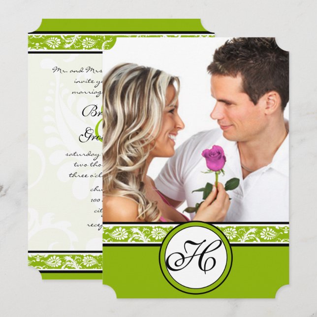 Your Photo Damask Apple Green Wedding Invitation (Front/Back)
