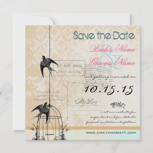 Your Photo Damask Bird Cage Wedding Save the Date (Front)