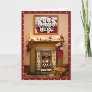 Your Photo- Elegant Christmas stocking & Fireplace Holiday Card