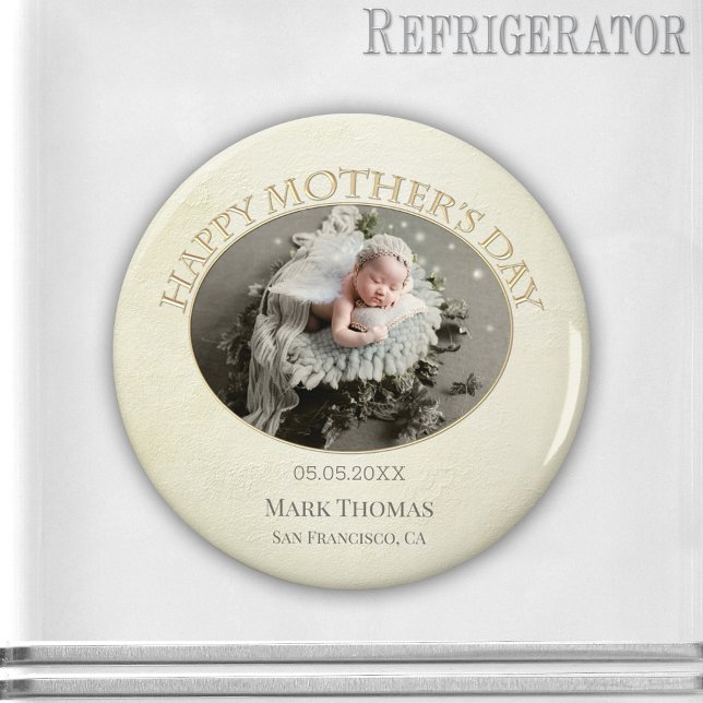 Your Photo Elegant Mother's Day Magnet (Elegant magnet with your photo on a pale beige with gold stylized design - new mom - Mother's Day)