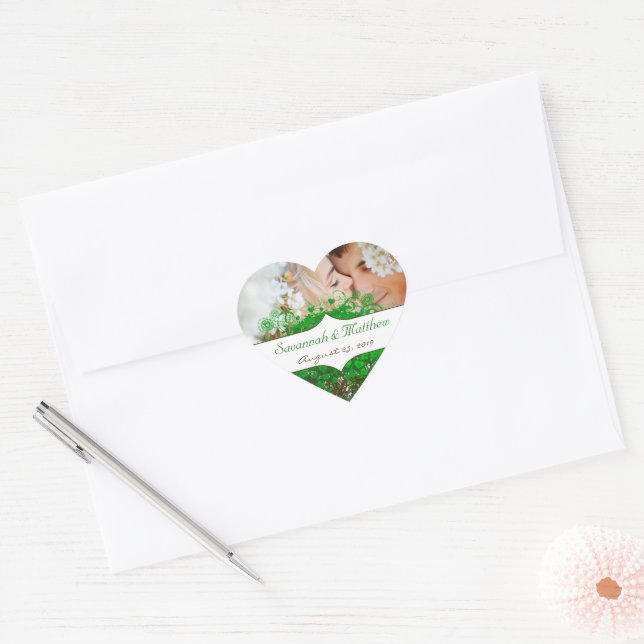Your Photo Emerald Heart Leaf Tree Wedding Sticker (Envelope)