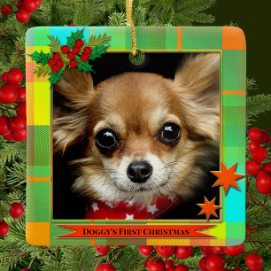Your Photo First Christmas Plaid Ceramic Ornament
