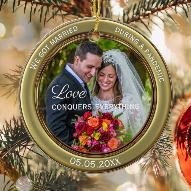 Your Photo First Christmas Together Ceramic Tree Decoration (Christmas ornament featuring your own custom photo framed by a stylish vintage green gold design)
