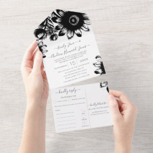 Your Photo Floral Black and White Sunflower All In One Invitation