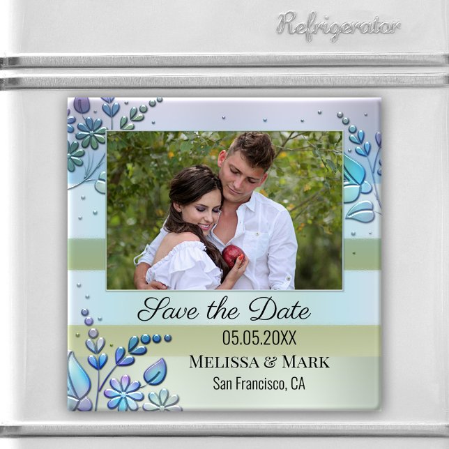 Your Photo Floral Spring Save the Date Magnet (Photo Save the Date magnet featuring a pastel striped design with pearlescent stylized flowers)