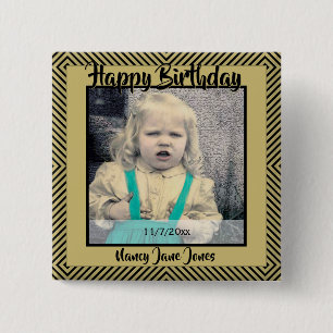 Your Photo: Geometric Diagonal Lines Black & Gold 15 Cm Square Badge