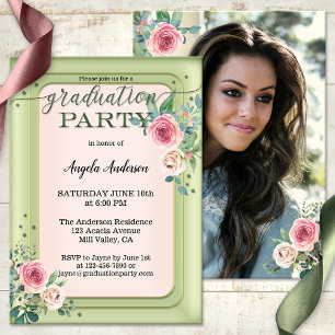 Your Photo Girly Rose Script Graduation Invitation