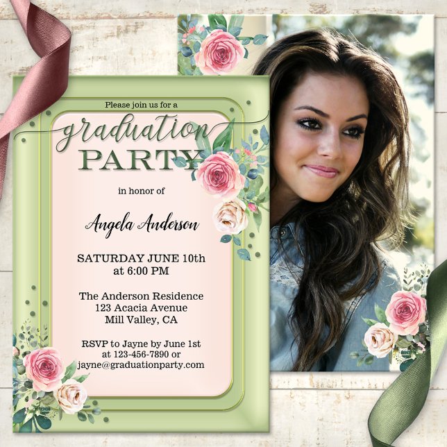 Your Photo Girly Rose Script Graduation Invitation (Elegant script graduation party invitation featuring your own photo with a watercolor rose)