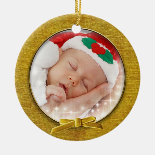 Your Photo - Gold Chenille Round Picture Frame Ceramic Tree Decoration (Front)