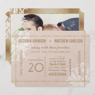 Your Photo Gold Rose Damask Floral Wedding Invitation