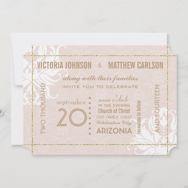 Your Photo Gold Rose Damask Floral Wedding Invitation (Front)