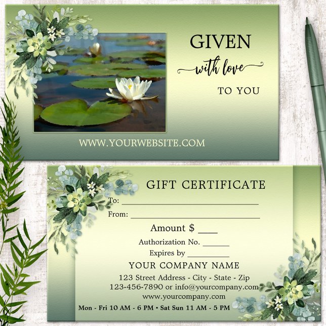 Your Photo Green Relax Beauty Spa Gift Certificate (Wellness gift certificate business card featuring your photo on watercolor greenery - massage - yoga)