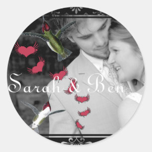 Your Photo Humming Birds Grunge Hearts with Wings Classic Round Sticker