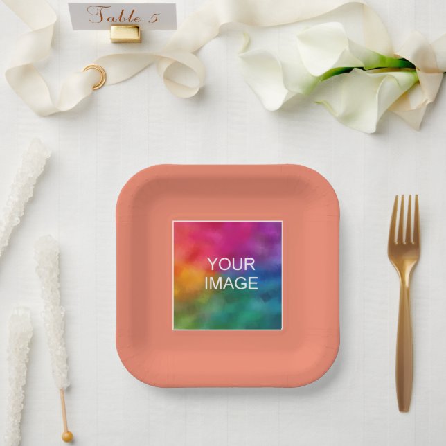 Your Photo Image Or Logo Here Salmon Peach Square Paper Plate (Wedding)