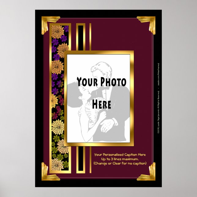 Your Photo in a Burgundy Art Deco Faux Frame Poster (Front)
