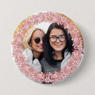 YOUR PHOTO in a Flower Wreath Frame button