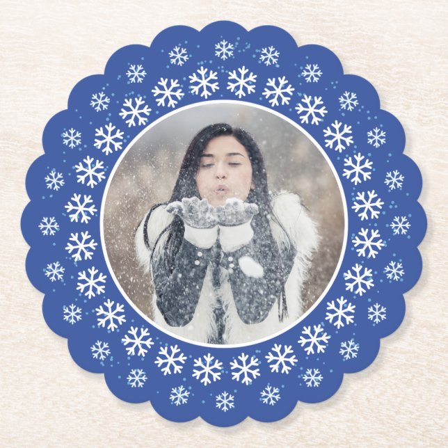 YOUR PHOTO in a Snowflake Frame paper coasters (Front)