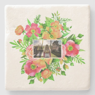 Your Photo in Flower Frame stone coasters