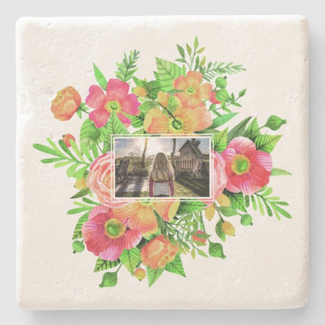 Your Photo in Flower Frame stone coasters (Front)