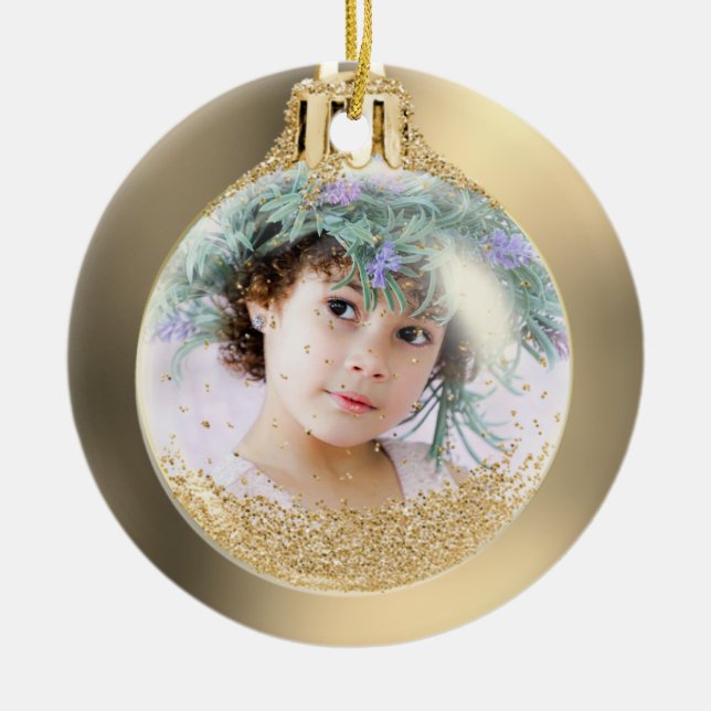 Your Photo into Golden Christmas Ball Custom Ceramic Tree Decoration (Front)