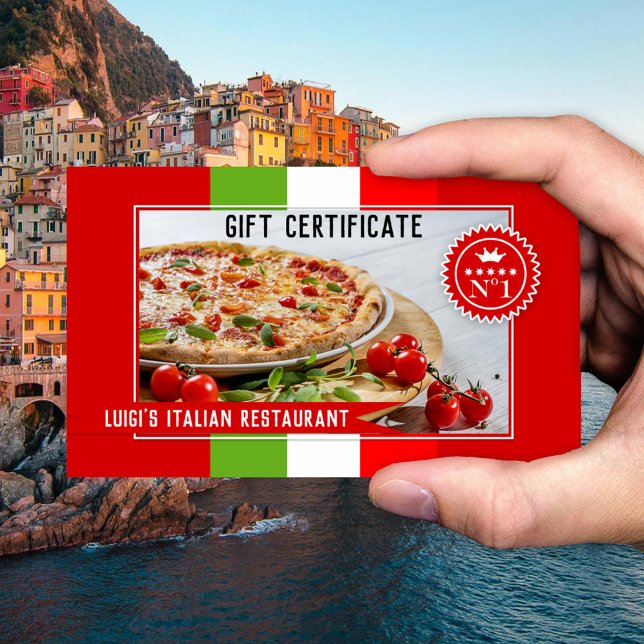 Your Photo Italian Restaurant Gift Certificate (Gift certificate for an Italian restaurant featuring an image of pizza framed by the Italian flag)