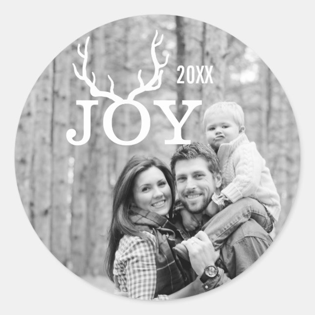 Your Photo Joy Deer Antler Christmas Holiday Classic Round Sticker (Front)