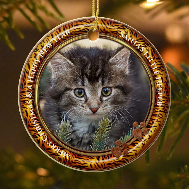 Your Photo Kitty Keepsake Christmas Ceramic Tree Decoration (Christmas ornament featuring a photo of your own kitty (optional) framed by a tiger fur print border)