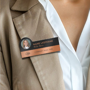 Your Photo Logo Sleek Faux Copper Black Stylish Name Tag