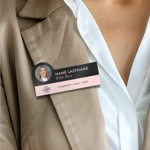 Your Photo Logo Title Girly Blush Pink Black Name Tag