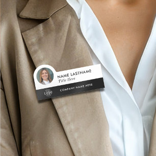 Your Photo Logo Title Simple Black White Modern Name Tag