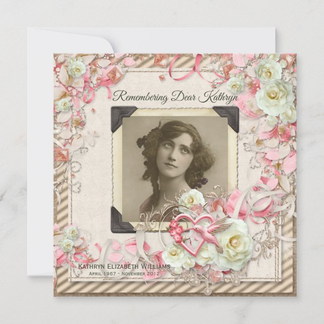 Your Photo Memorial Service Elegant Roses Pearls Invitation (Front)