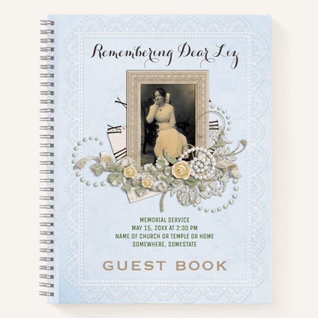 Your Photo Memorial Service Rose Pearls Guest Book (Front)