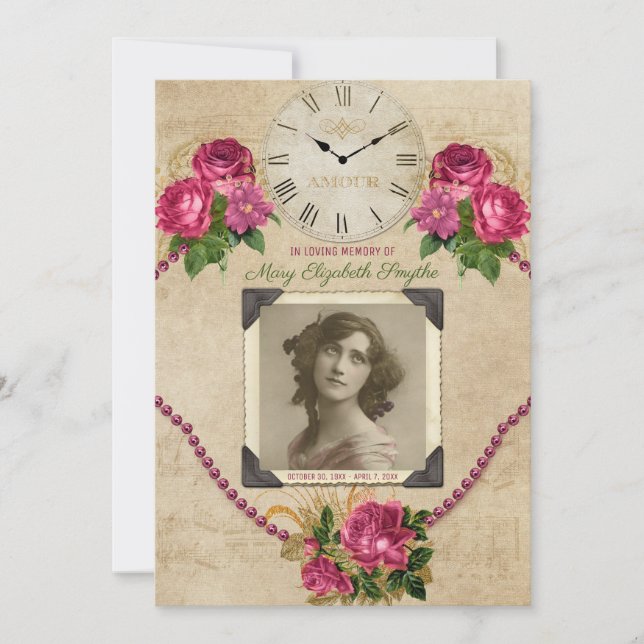 Your Photo Memorial Service Roses Pearls Clock Invitation (Front)