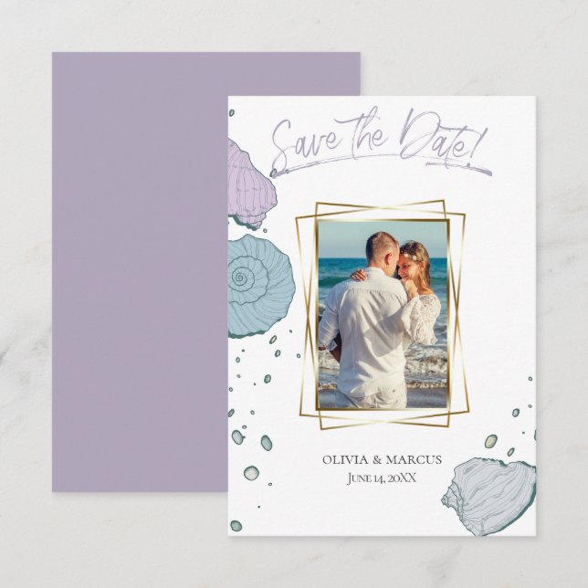 Your Photo Modern Seashells Lilac Dusty Blue Invitation (Front/Back)