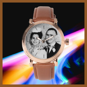 Your Photo Name Rose Gold Men's Brown Band Wrist Watch