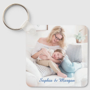 Your Photo & Name(s) in Blue Script Keychain