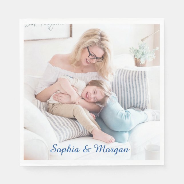 Your Photo & Name(s) in Blue Script Napkin (Front)