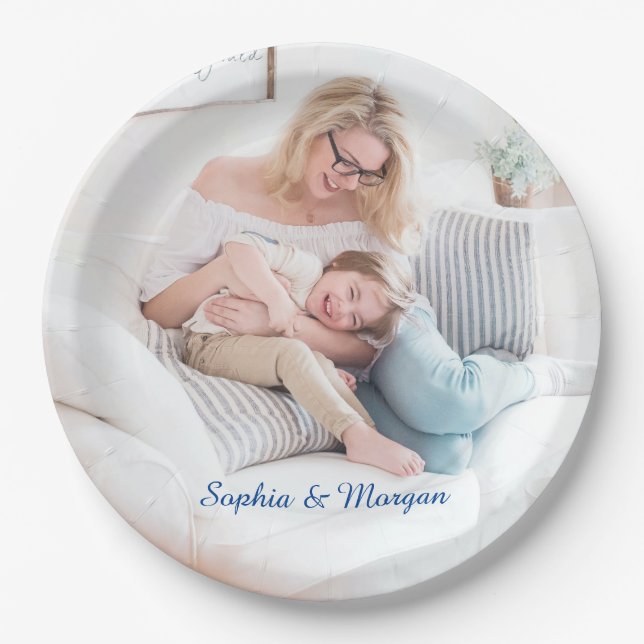 Your Photo & Name(s) in Blue Script Paper Plate (Front)