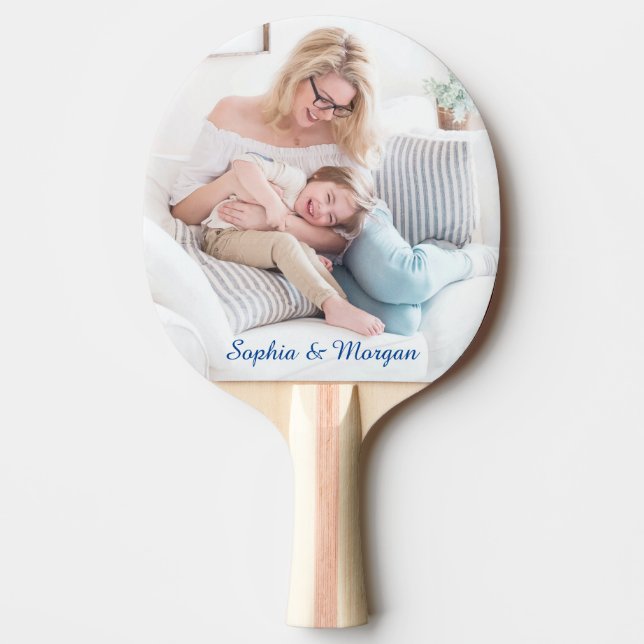 Your Photo & Name(s) in Blue Script Ping Pong Paddle (Front)