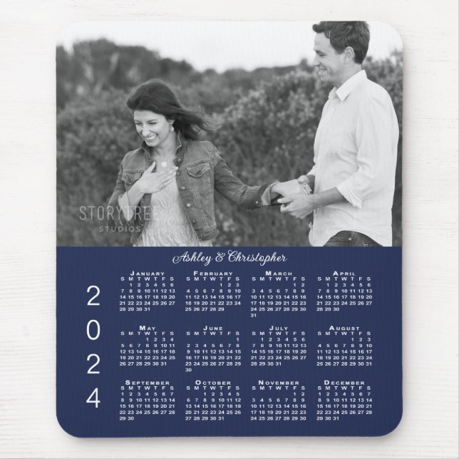Your Photo Names Navy Blue 2024 Calendar Mouse Mat (Front)