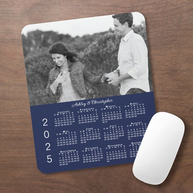 Your Photo Names Navy Blue 2025 Calendar Mouse Mat (Your Photo and Names Navy Blue 2025 Calendar Mouse Pad in situ)